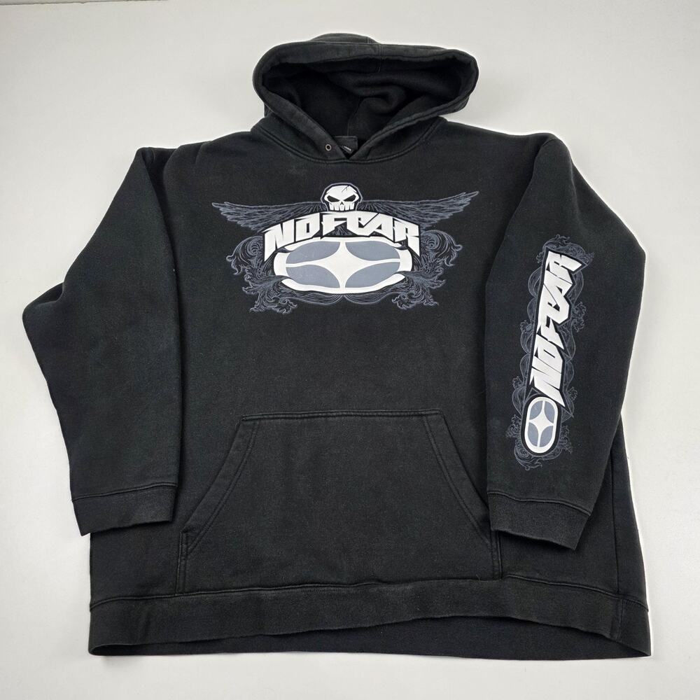 VTG 90s No‎ Fear Hoodie Mens 2XL Black Skull Logo Pullover Sweatshirt Skate XL